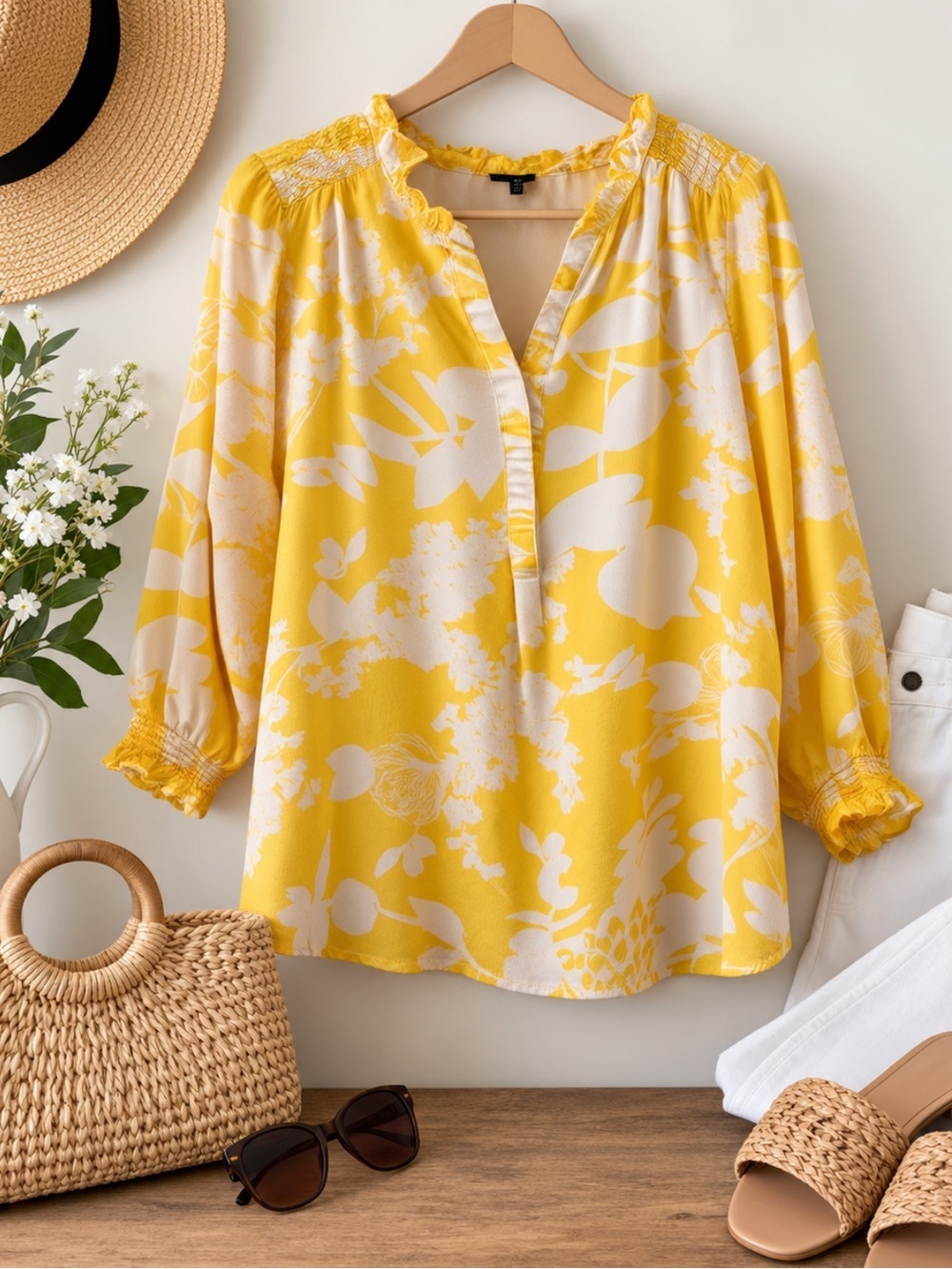 Talbots Sunny Yellow & White Floral Blouse Size M